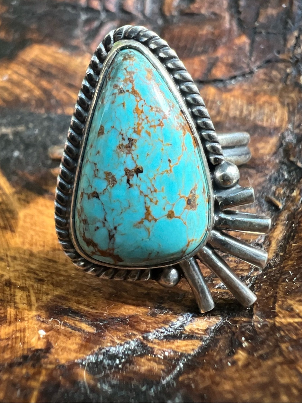Sterling Silver Kingman Turquoise Sunburst Ring Size 9 Southwestern